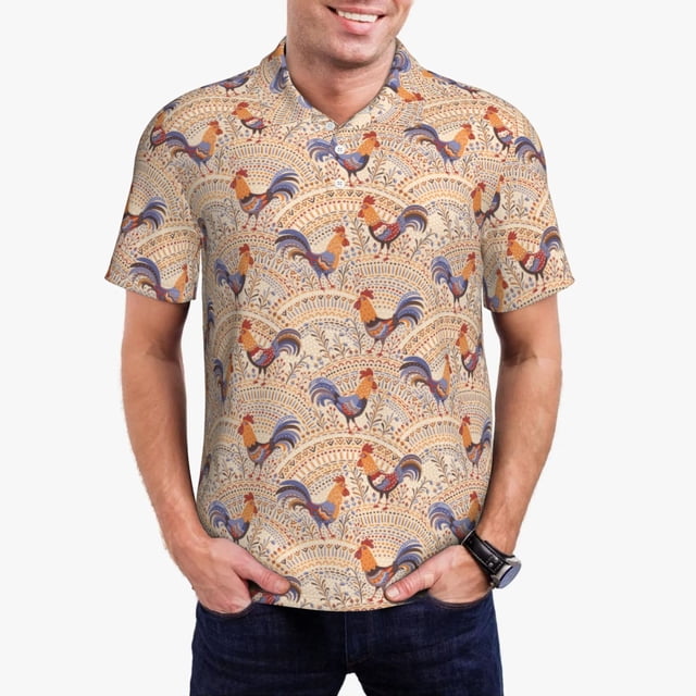 Balery Roosters In Floral Camisa Polo de Hombre con Estampado, de Manga Corta y Tejido Medio, Camisa Tipo Golf Polo-Small