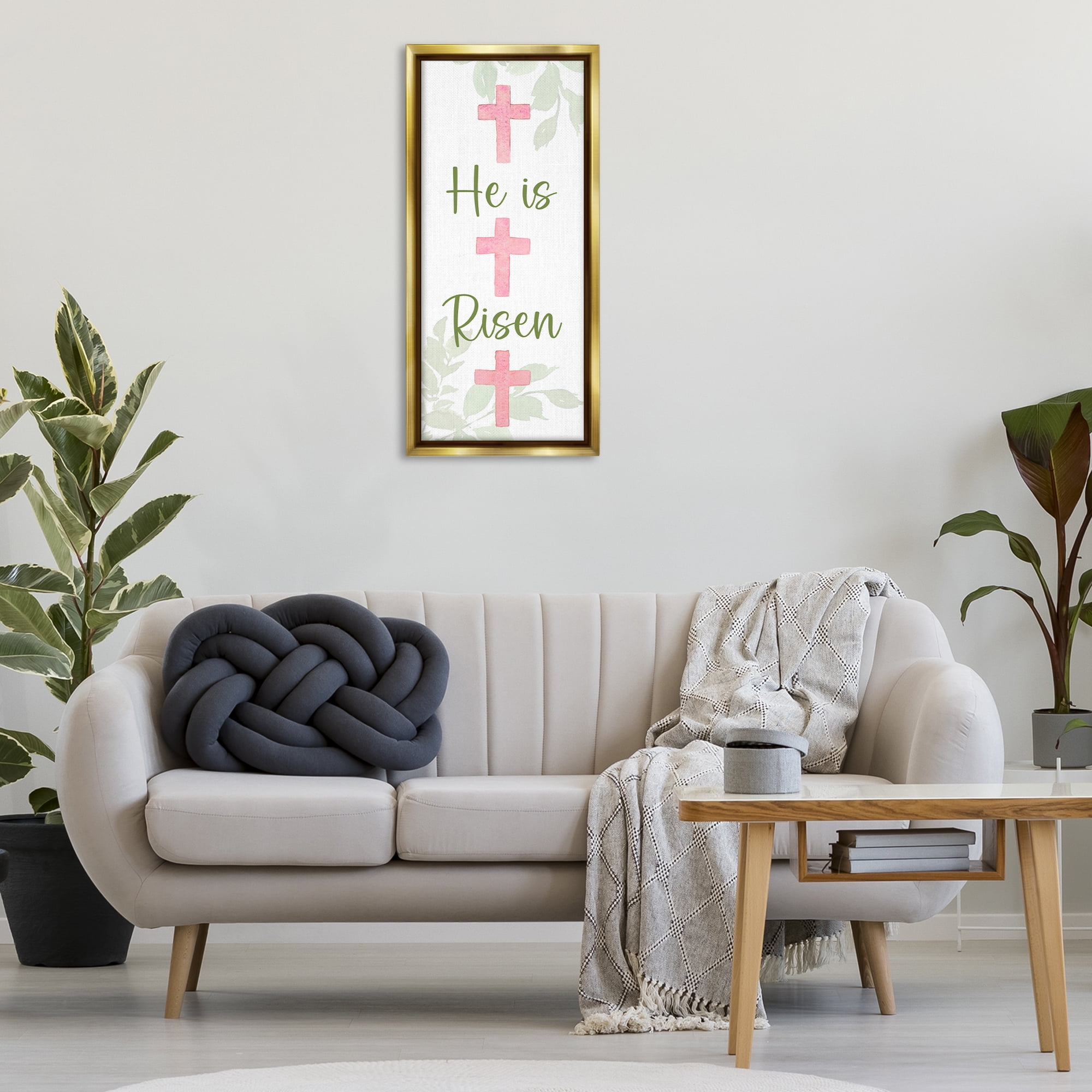 Stupell Industries He Is Risen Proverb Religious Painting Gold Floater Framed Art Print Wall Art, 15 x 31
