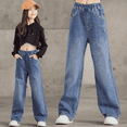thumbnail image 2 of Kids Girls Denim Trouser Straight Wide Leg Jean Elastic High Waisted Solid Color Dressy Casual Jeans, 2 of 7