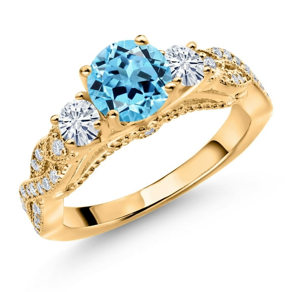 Gem Stone King 18K Yellow Gold Plated Silver Swiss Blue Topaz and White Moissanite Engagement Ring for Women (1.47 Cttw, Gemstone November Birthstone, Round 6MM and 3MM, Size 5)
