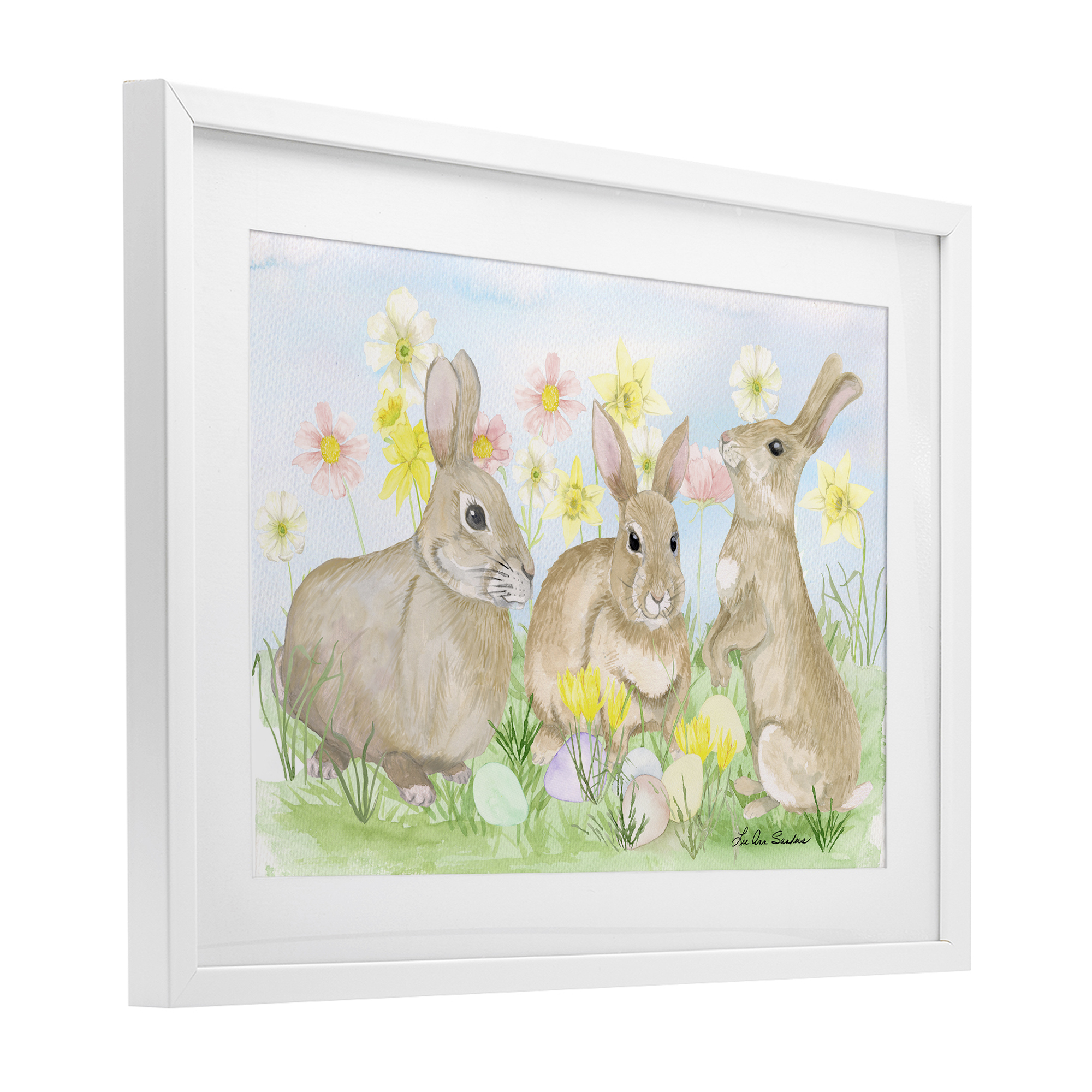 Three Bunnies In The Grass White Framed Print Under Glass, design by Lee Ann Sanders