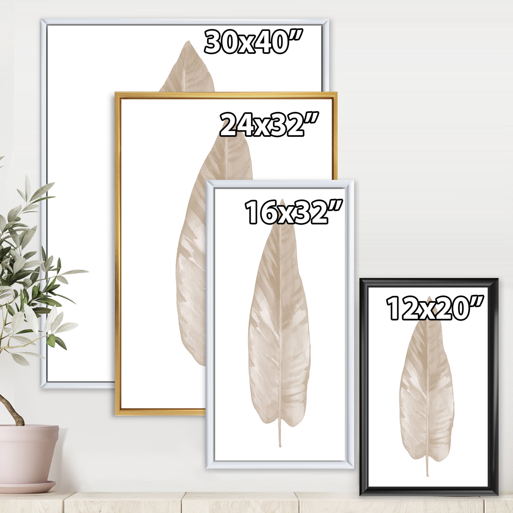 Designart 'Dried Leaf Plant Beige On White Background' Traditional Framed Canvas Wall Art Print