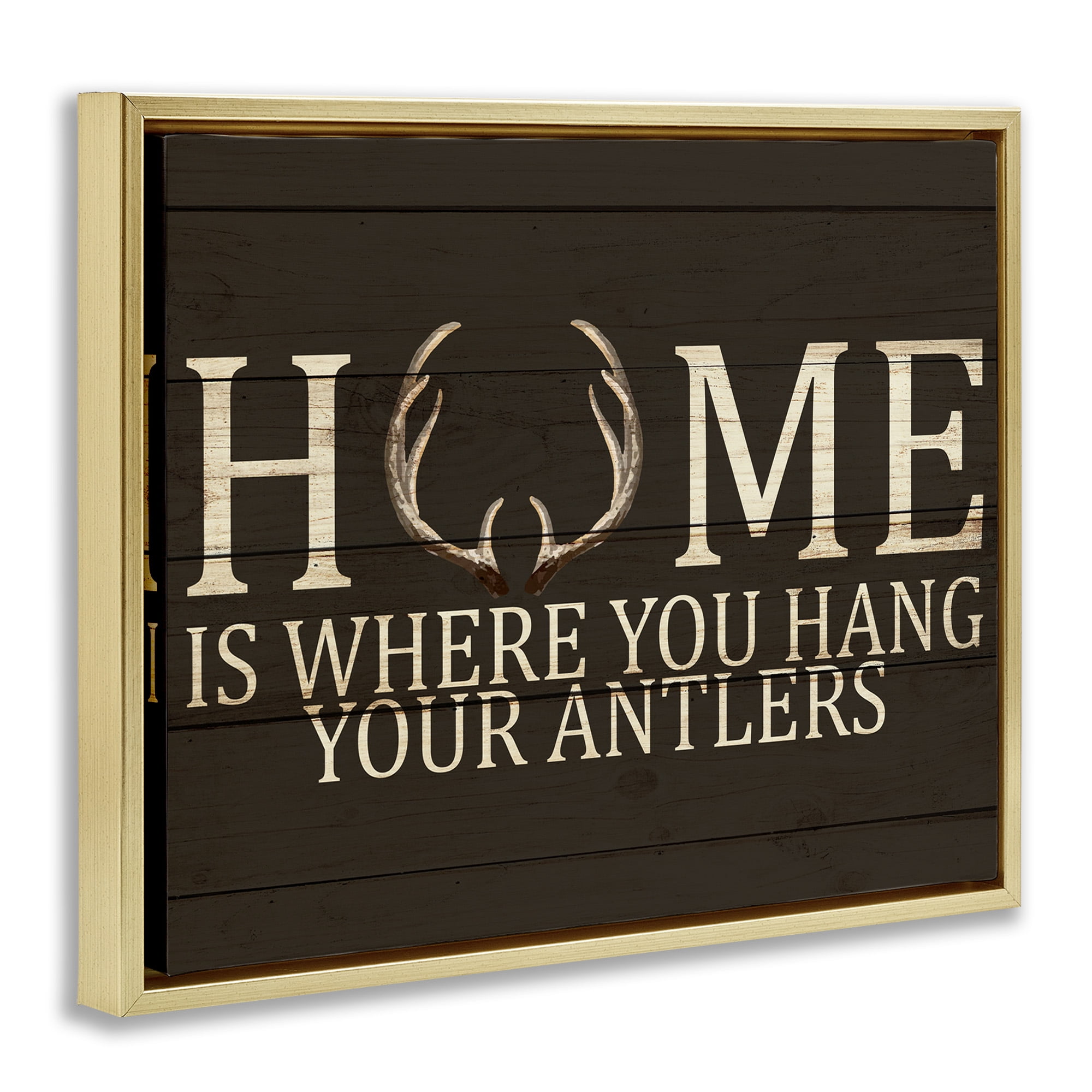 Stupell Industries Hang Your Antlers Rustic Hunting Phrase Inspirational Painting Gold Floater Framed Canvas Art Print Wall Art, 31 x 25