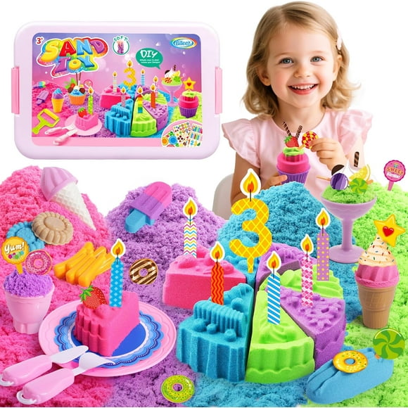 Cake & Ice Cream Sensory Bin Sand Toy, Sand Kit Sensory Toys w/lid and 4 Color Magic Sand 2.2lbs, Molds, Tools Set 43pcs Total for Kids 3+
