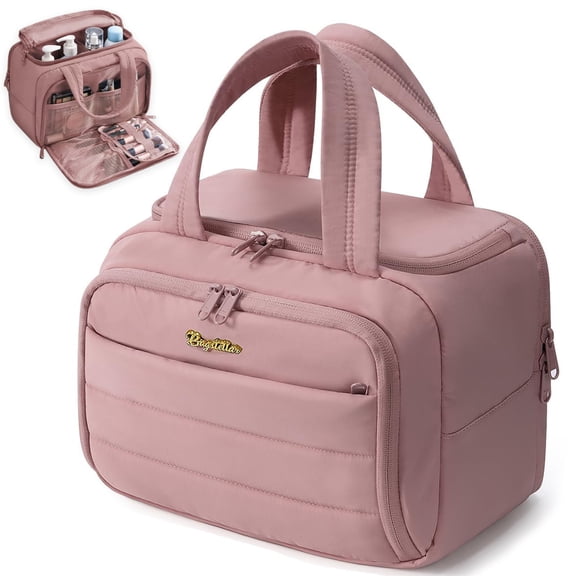 Toiletry Bag for Women, Wide-Open Makeup Bag with Handle, Puffy Quilted Cosmetic Bag for Travel Size Toiletries, Dark Pink