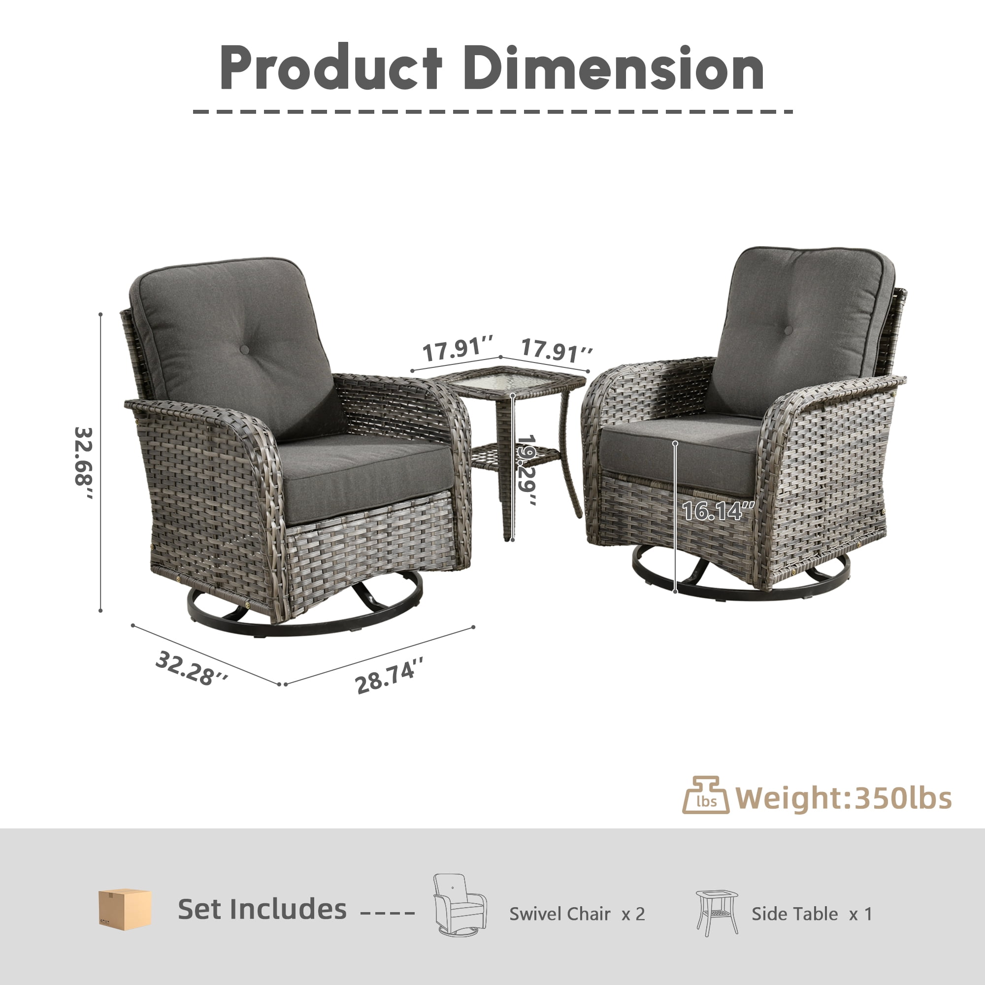 Ovios 3 Pieces Outdoor Patio Furniture Set High Back All Weather Wicker Conversation Set with Swivel Chairs, Black