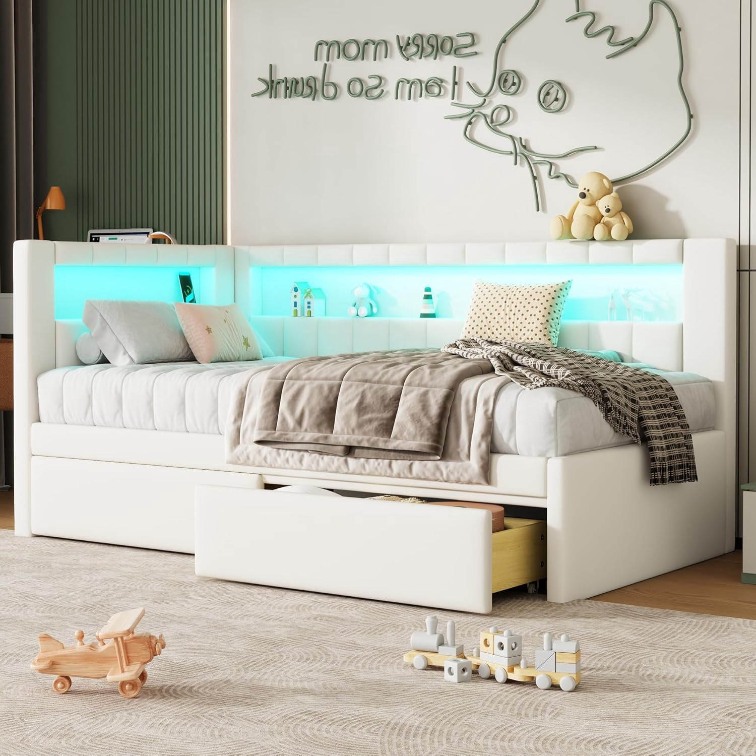 AISWORD Twin Size Daybed with Storage Drawers and L-Shaped Bookshelf Headboard, Upholstered Soft Corner Bed with Shelves, Charging Station and LED Belt, White