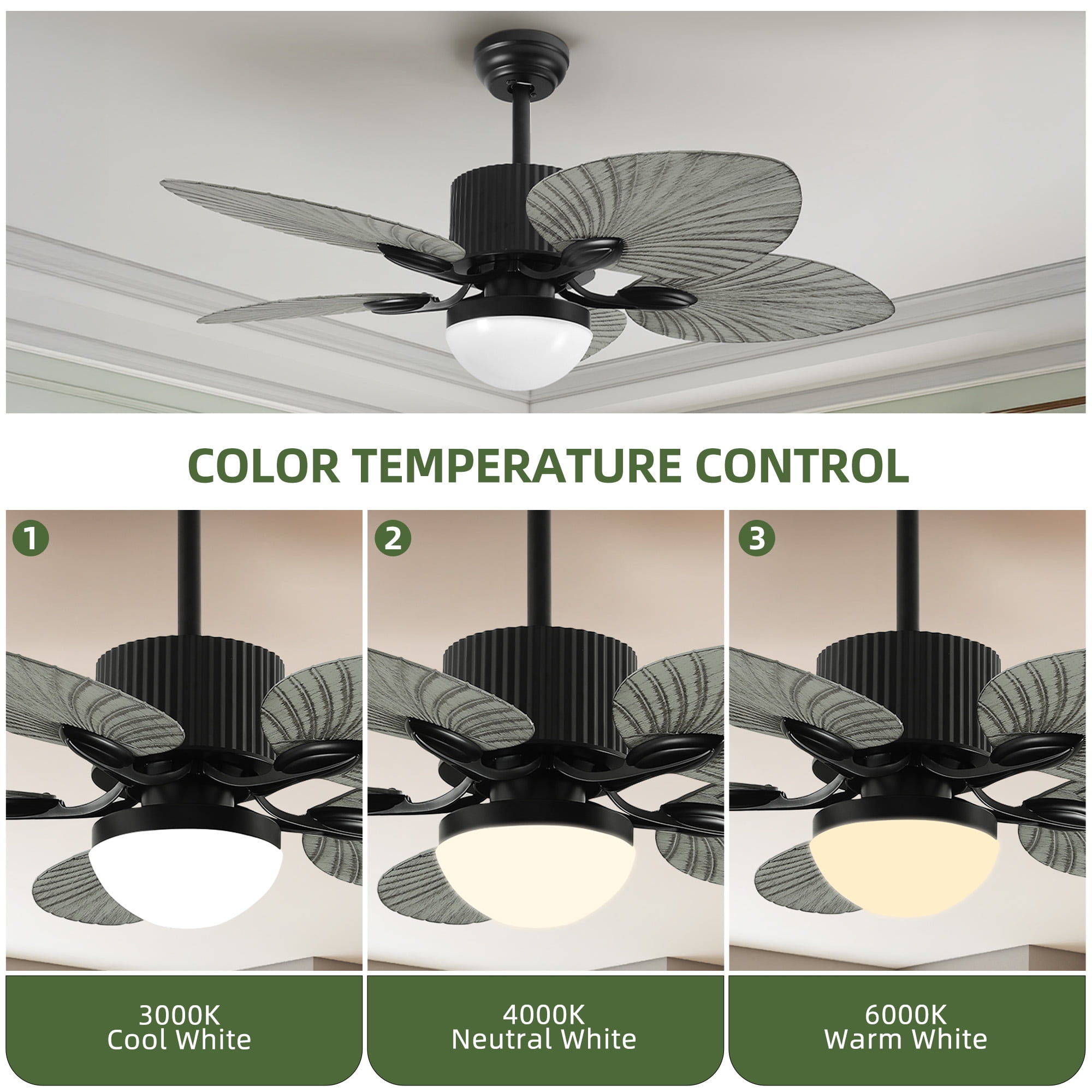 Uforic 44 Inch Tropical Coastal Ceiling Fans with Lights and Remote Control, 5 Palm Leaf Blades for Living Room,Bedroom - Gray