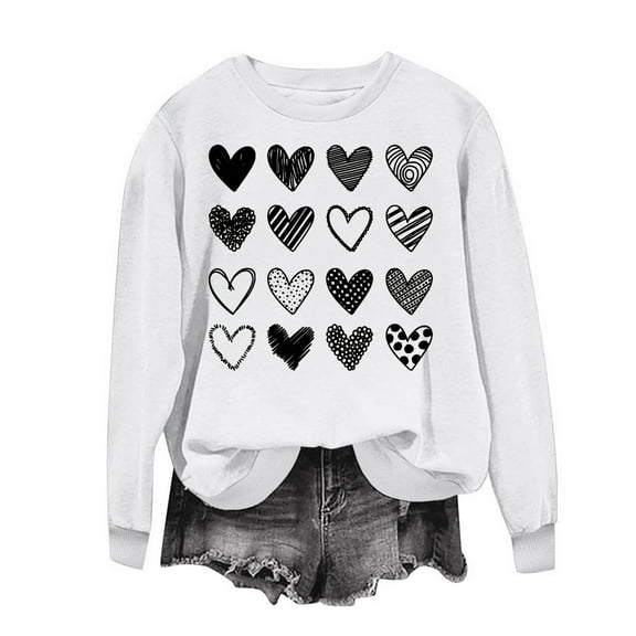ibuvkizy Valentine's Day!Sweatshirt for Women Round Neck Printed Sweatshirts Long Sleeved Pullover Top Sweatshirt White,XS