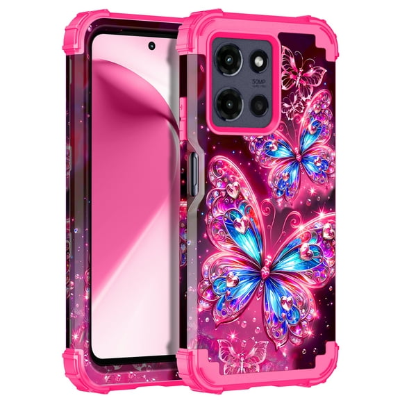 Casetego for Moto G Power 5G 2025 Case,Glow in The Dark Three Layer Heavy Duty Shockproof Protection Hard Plastic Bumper Soft Silicone Protective Case,Rose Red Butterfly