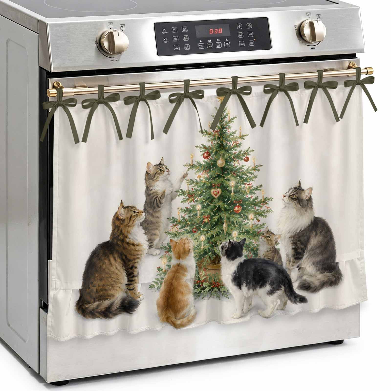 Christmas Cats Oven Skirt Curtain Kitchen Stove Skirt Cover with Tie Top Xmas Tree Vintage Ornaments Decorative Cabinet Cover Dishwasher Curtain for Farmhouse Decor 30x21.5 Inch