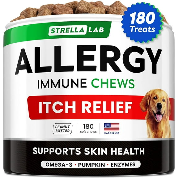 StrellaLab Dog Allergy Relief & Anti Itch Relief for Dogs Chews with Omega 3 - Skin & Coat Immune Supplement with Fish Oil, Pumpkin & Enzymes — Developed by Experts - Made in USA - 180 Count