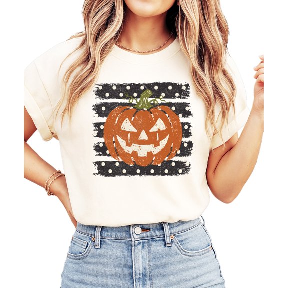 Retro Jack-O-Lantern Pumpkin Halloween Shirt for Women & Teen Girls, Ivory Shirt, M