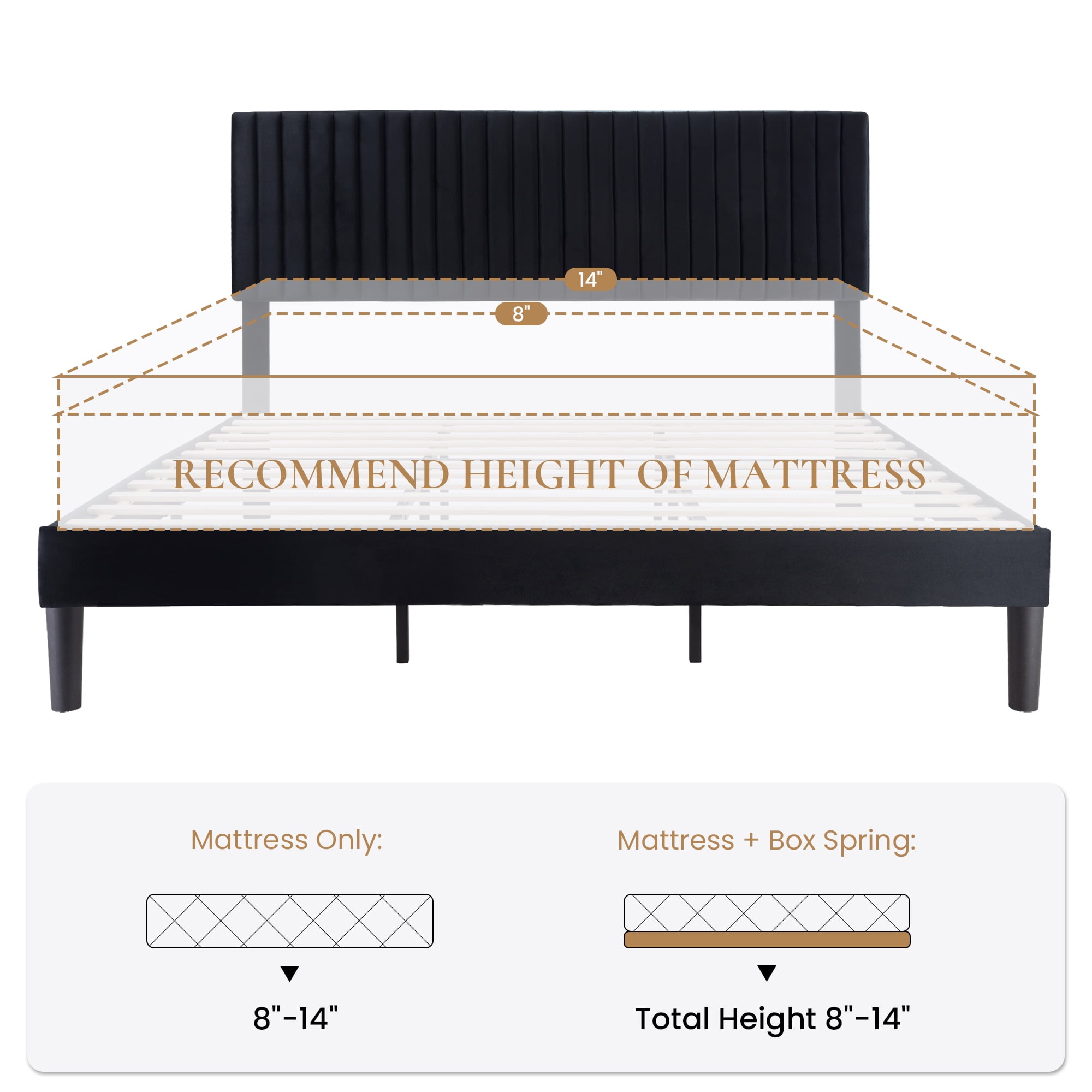 SHA CERLIN Black King Size Upholstered Platform Bed Frame with Adjustable Channel Velvet Headboard