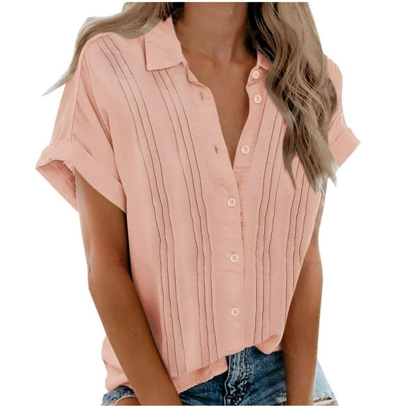 Scyoekwg Button Down Shirts for Women Summer Lapel Short Sleeve T Shirts Loose Casual Ladies Tops Trendy Solid Color Blouses (Pink,L)