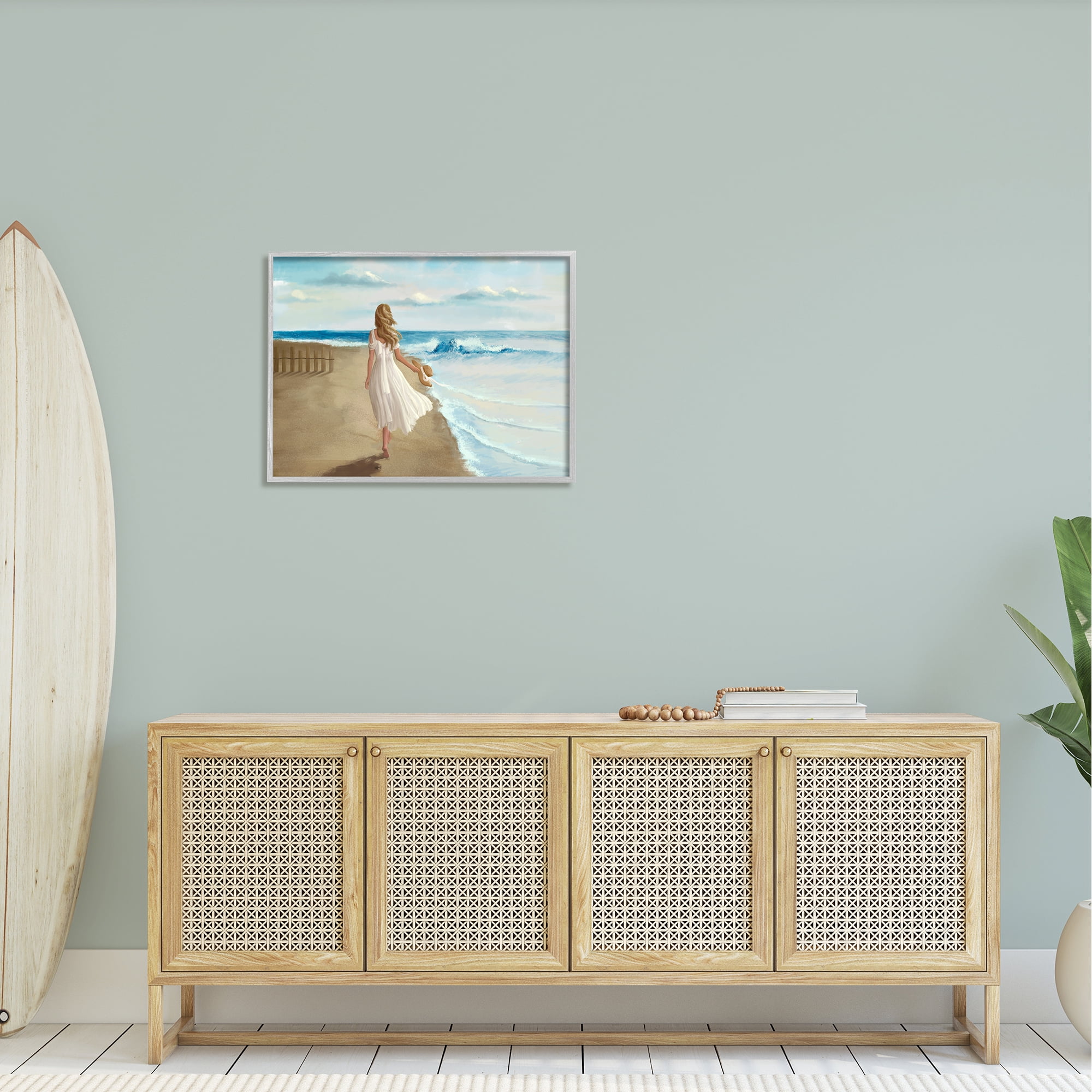 Stupell Industries Walk On The Beach Blue Ocean Painting Framed Art Print Wall Art, 30x24, By Ziwei Li