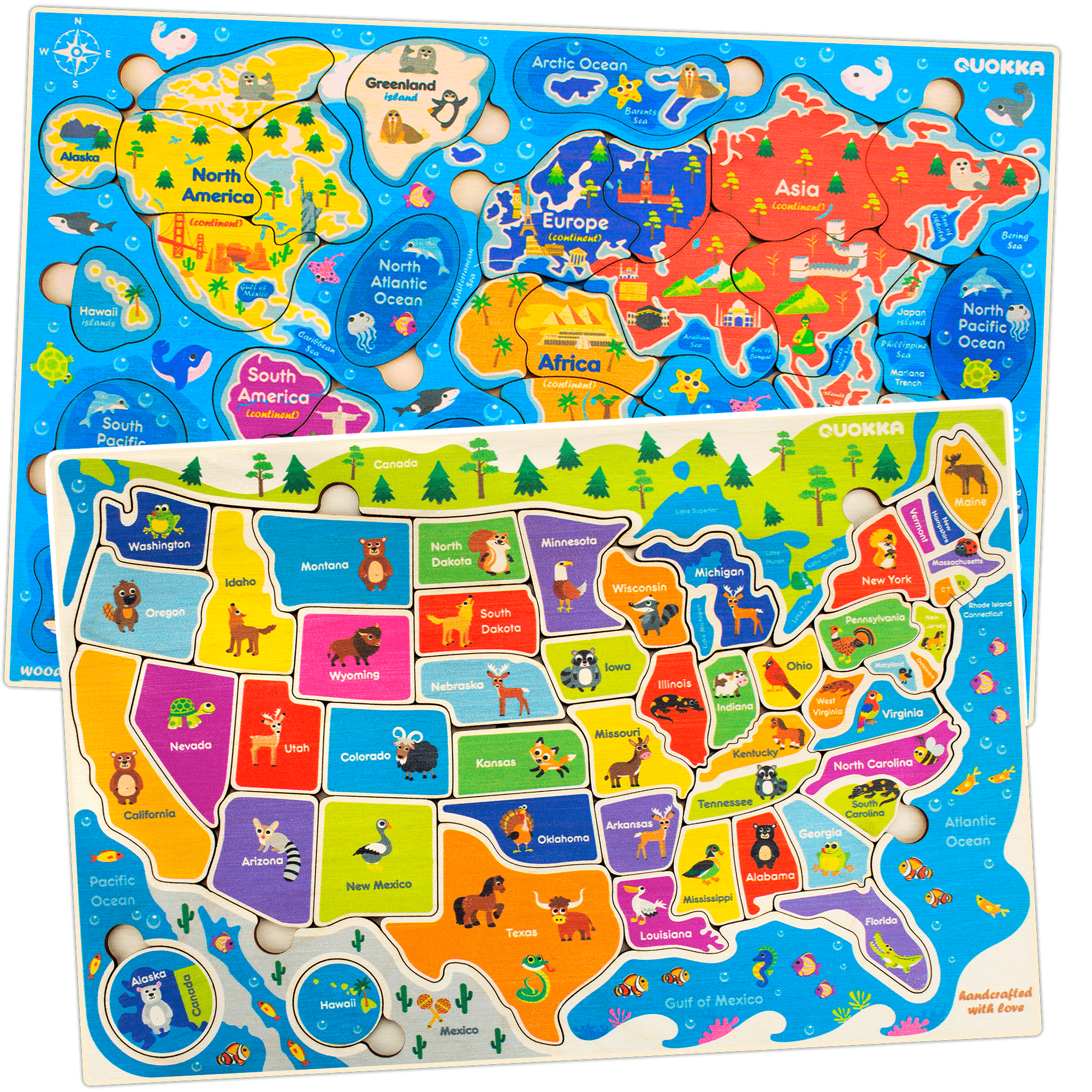 United States and World Map Puzzle for Kids Ages 4 5 6 7 8, Wooden USA 
