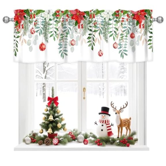 Christmas Green Leaves Curtain Valance for Windows Poinsettia Flower Balls Rod Pocket Window Treatments 1 Panel Short Curtains for Kitchen Windows Bathroom Bedroom,54 x 18 inch