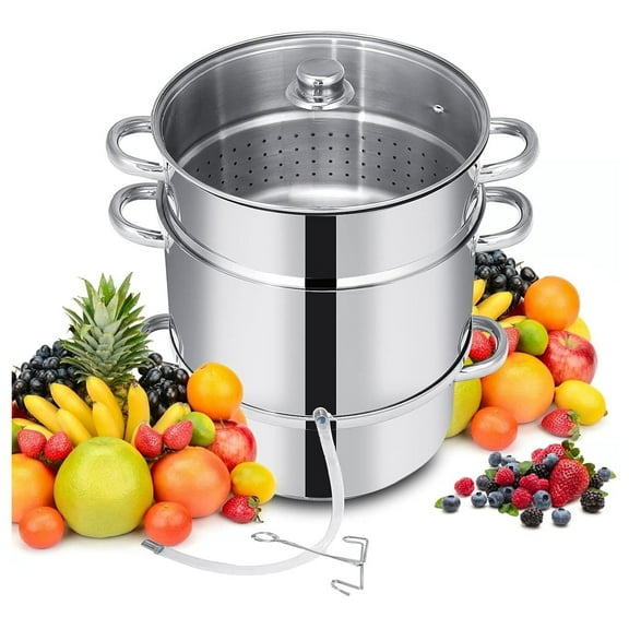 11-Quart Juicer Stainless Steel, Steamer Extractor Pot for Fruit Vegetable Canning with Tempered Glass Lid, Hose, Clamp, Loop Handles, Silver