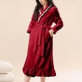 thumbnail image 6 of Women's Plush Robe with Lace Trim Collar Ruffled Hem Belted Long Sleeve Fleece Bathrobe for Loungewear Wine L, 6 of 6