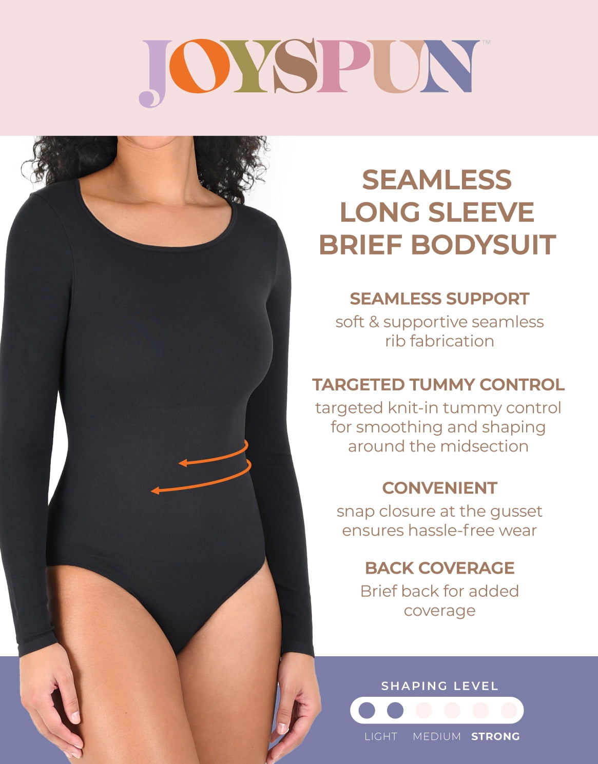 Joyspun Women's Seamless Scoop Neck Brief Bodysuit with Long Sleeves, Sizes XS-XXXL