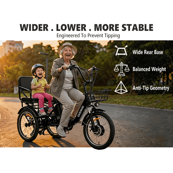NOMIGO Electric Tricycle for Adults Folding Electric Trike 3 Wheel Electric Trike with Two-seater Large Basket Super Powerful Brushless 350W Motor 48V13AH Lithium Battery Max 20MPH E-Tricycle Black