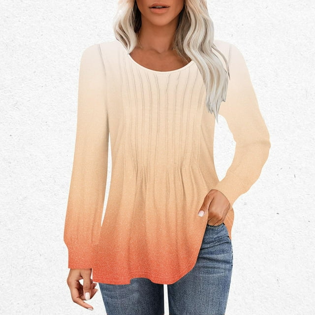 RXIRUCGD Hauts Décontractés Mode pour Femmes Col Rond Plissé Manches Longues Dégradé, Orange, Taille : S