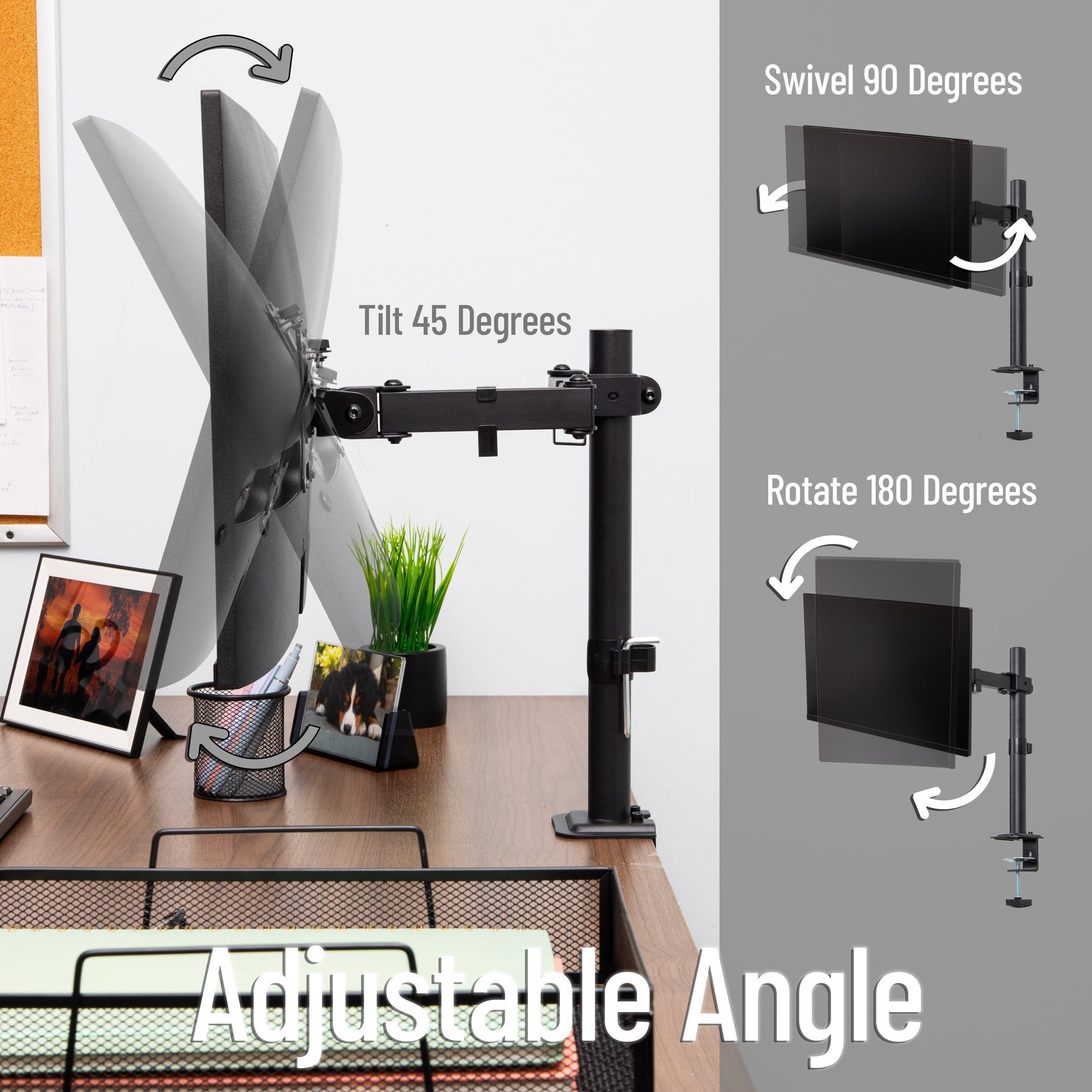 Mind Reader Single Monitor Desk Mount Adjustable Tilt ±45°, Swivel ±90°, Rotate 180°, VESA 75x75/100x100, Holds up to 17.6 lbs, Black