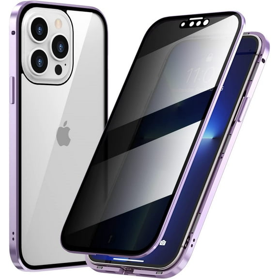 Compatible with iPhone 13 Pro Max Magnetic Case with Built in Privacy Screen Protector Anti Spy Tempered Glass Slim Metal Aluminum Shockproof Cover Hard Drop Proof Protective 6.7 inch Purple