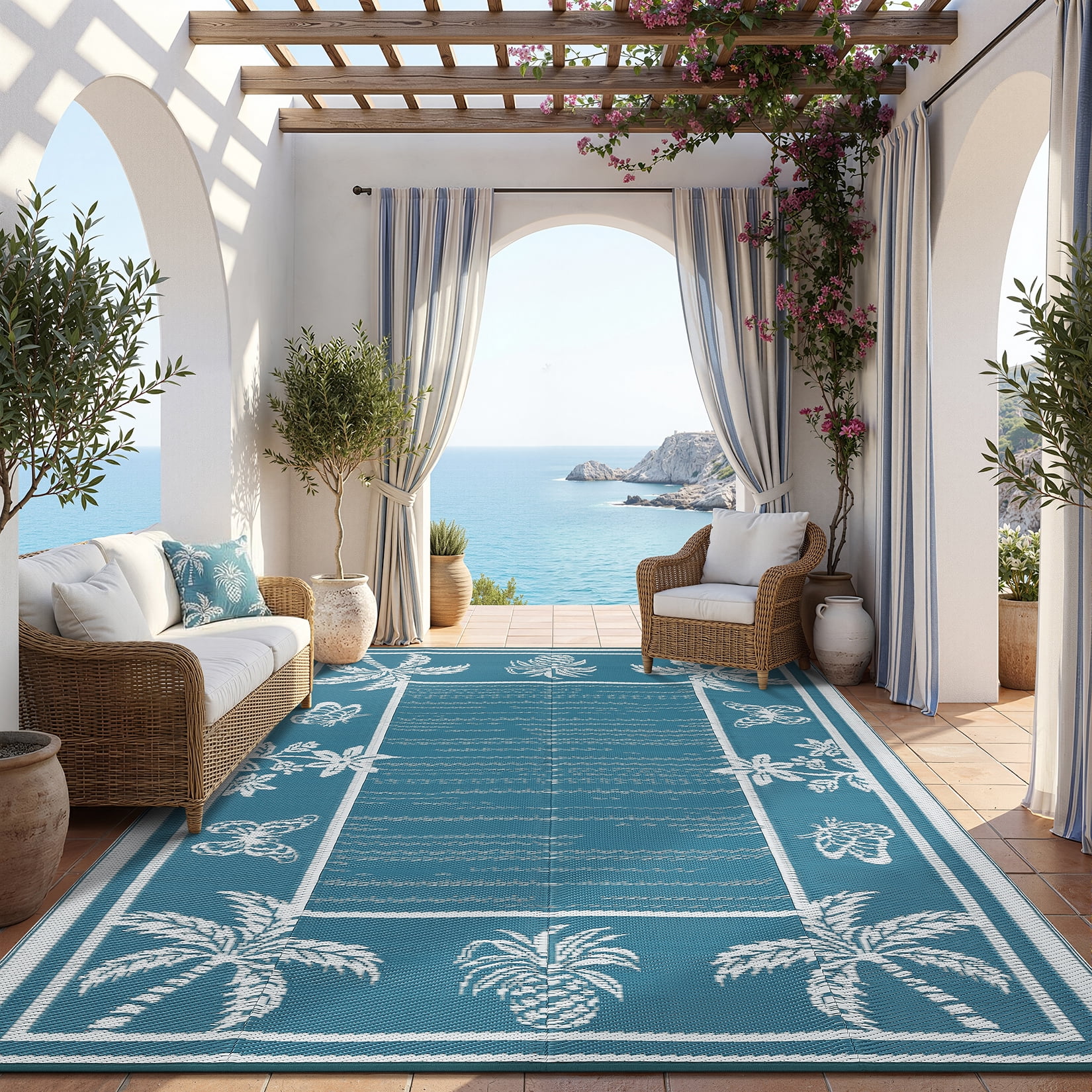 FairOnly 8'x10'Modern Tropical Floral Outdoor Rug Waterproof Reversible & Portable for Patio Poolside & Beach RV,Grey Blue