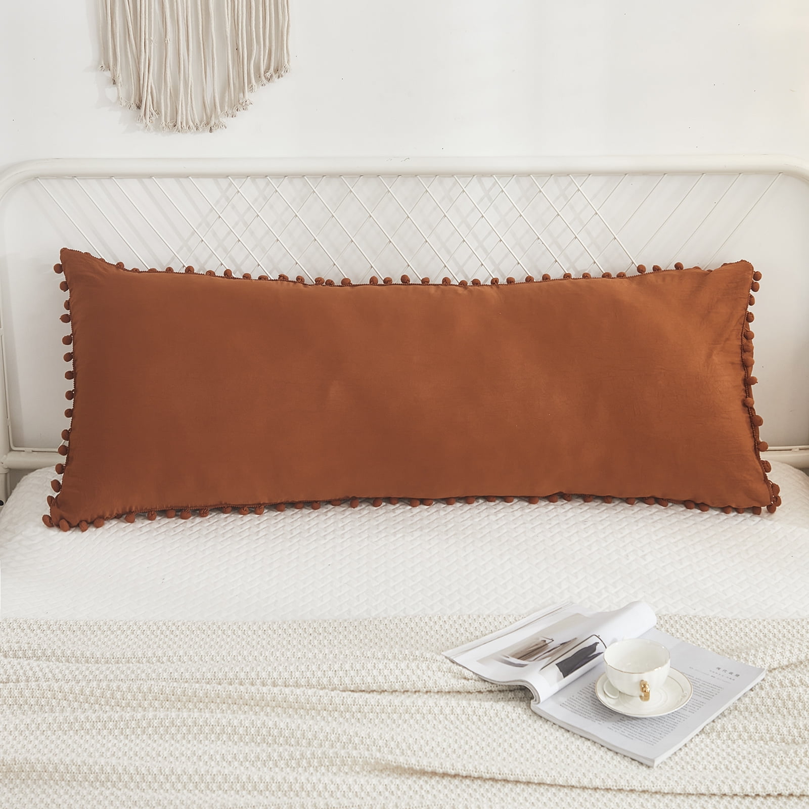 Move Over Burnt Orange Pillow Cover 20x54" Boho Chic Pom Poms Fringe Pattern Body Pillowcase 100% Washed Microfiber