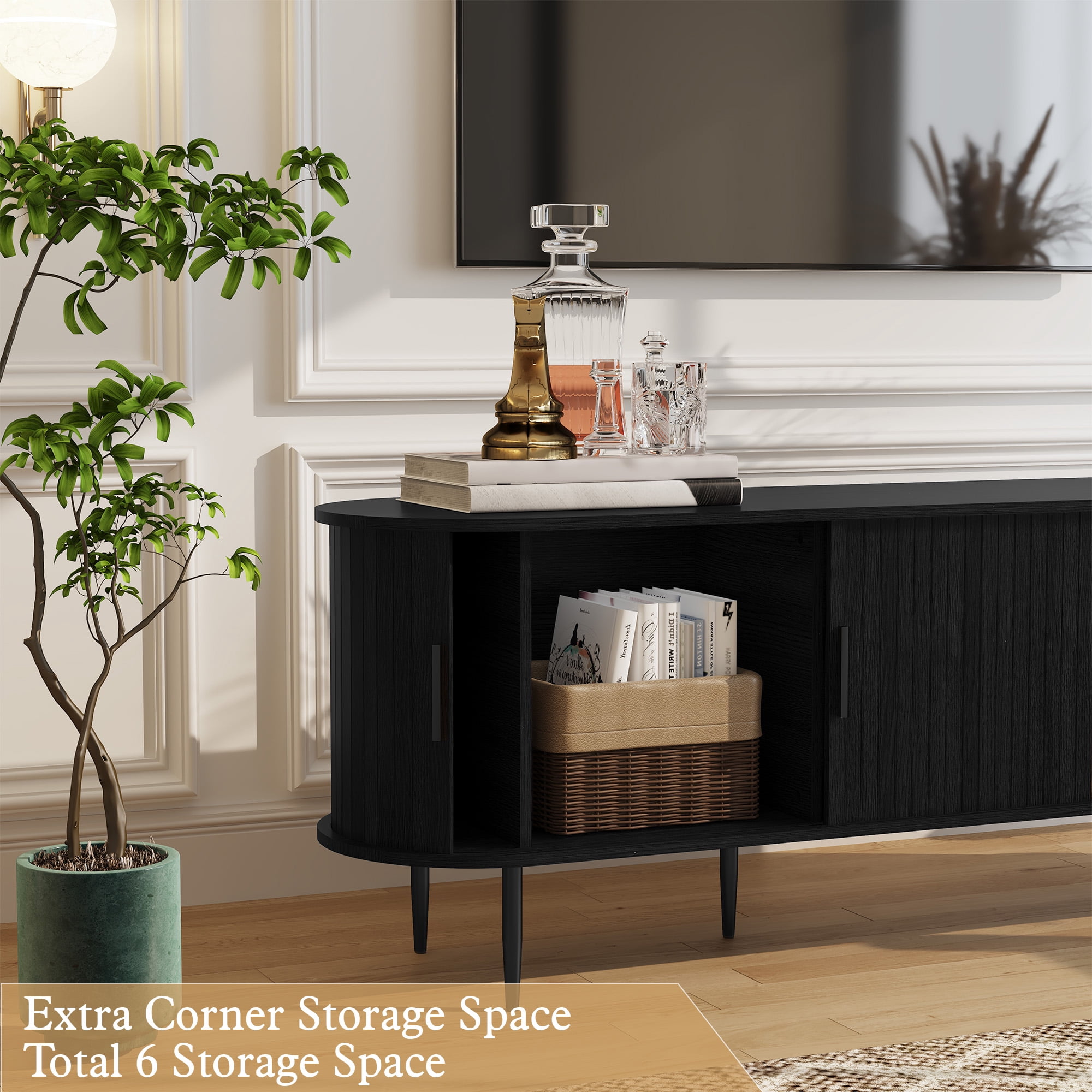 HLR 70" Mid Century TV Stand with Tambour Door for TVs up to 80", Entertainment Center with Storage, Black