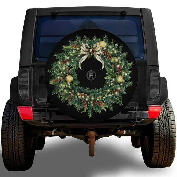 Lotusprinthandmade Festive Christmas Wreath Spare Tire Cover With Backup Camera Hole 6 Sizes (27 in.), christmas wreath tire cover, festive holiday tire protector