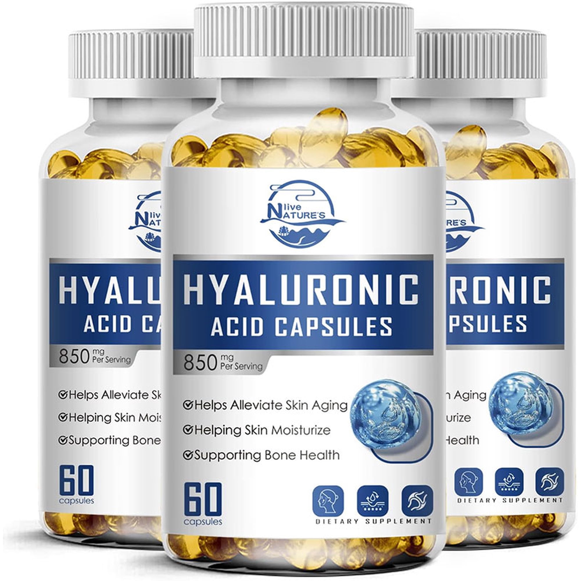 ZHPHK Hyaluronic Acid Supplements, 850mg High Bioavailable Dietary Hyaluronic Acid Capsules, Double Strength Skin Hydration, Joint Lubrication, 60 Capsules (Pack of 3)