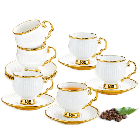 6-Piece White Porcelain Coffee Cup Set with Golden Rim 3.38 oz/100ml Teacup Set ,Coffee Cup and Saucer Set (6 Cups, 6 Saucers) ,for Afternoon Tea, Gatherings, or Gifting