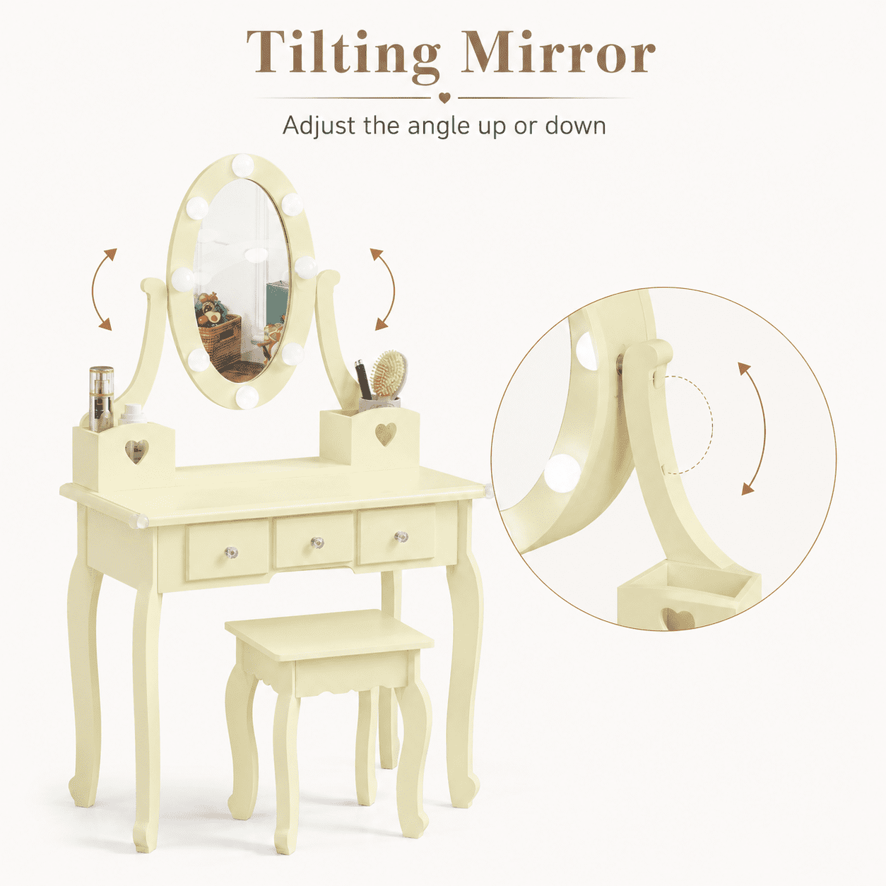 Ktaxon Kids Play Makeup Vanity Set with 3-Color Light, Girls Vanity Dresser Desk with Matching Stool, Light Yellow