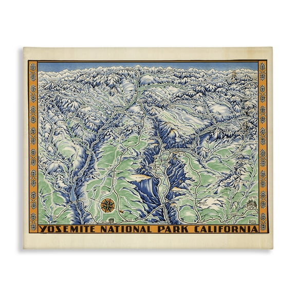 Stupell Industries Vintage Yosemite Map Town & City Painting Gallery Wrapped Canvas Art Print Wall Art, 20 x 16