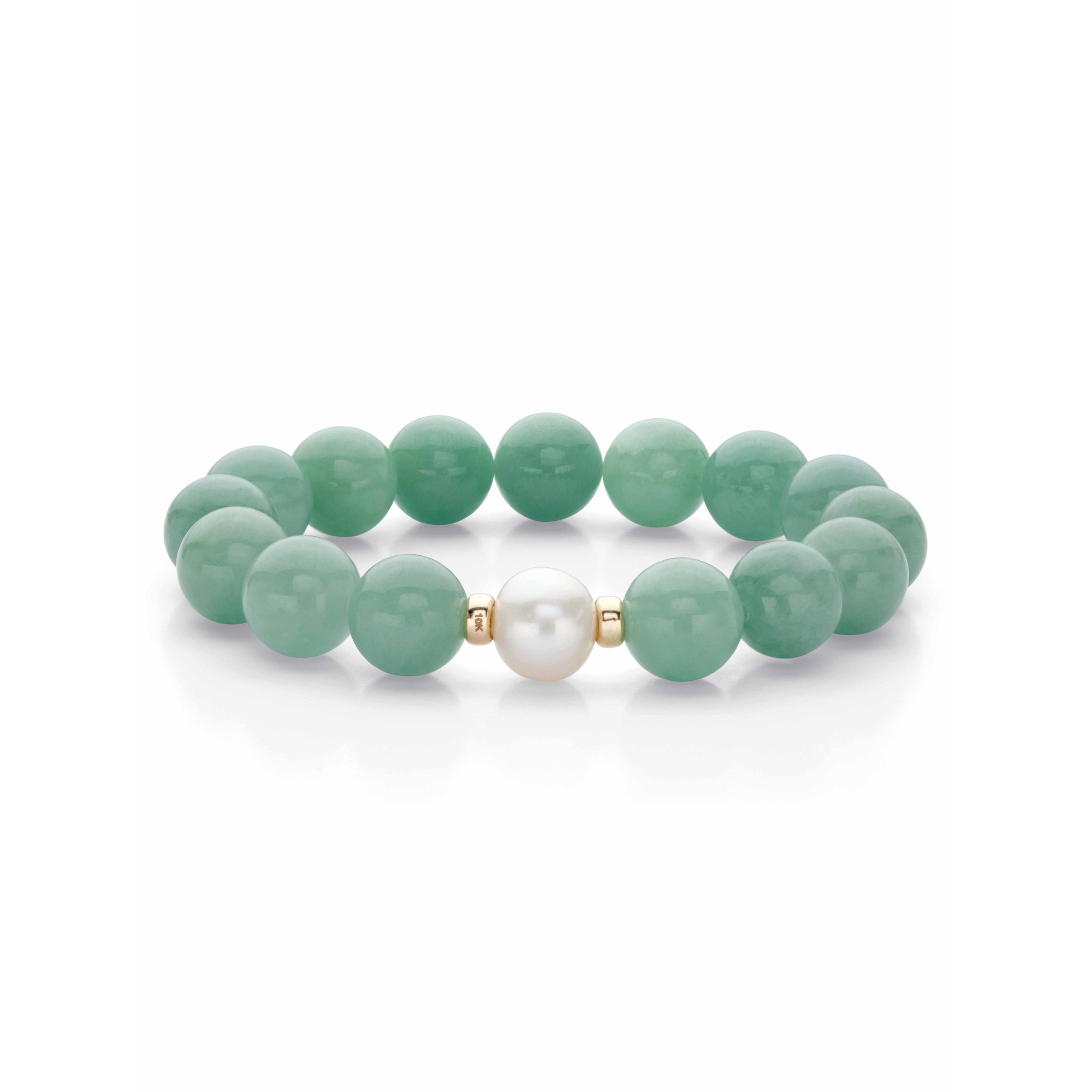 PalmBeach Jewelry Genuine Green Jade and Freshwater Pearl Beaded Stretch Bracelet in 10k Yellow Gold 9"