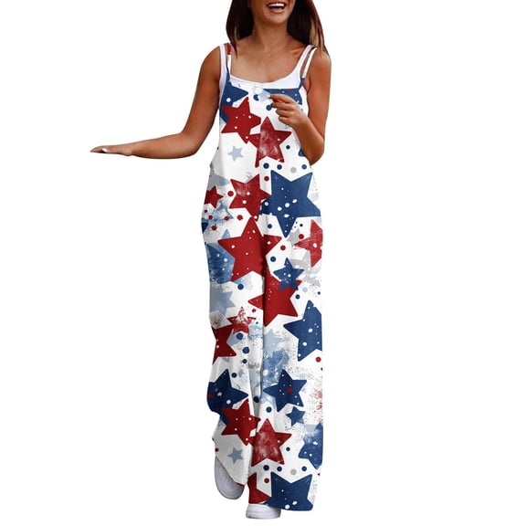 Tnhcen Women's 4th of July Print Spaghetti Strap Romper – High Waisted Wide Leg Independence Day Jumpsuit with Pockets Stretchy Casual Holiday Outfit S-3XL