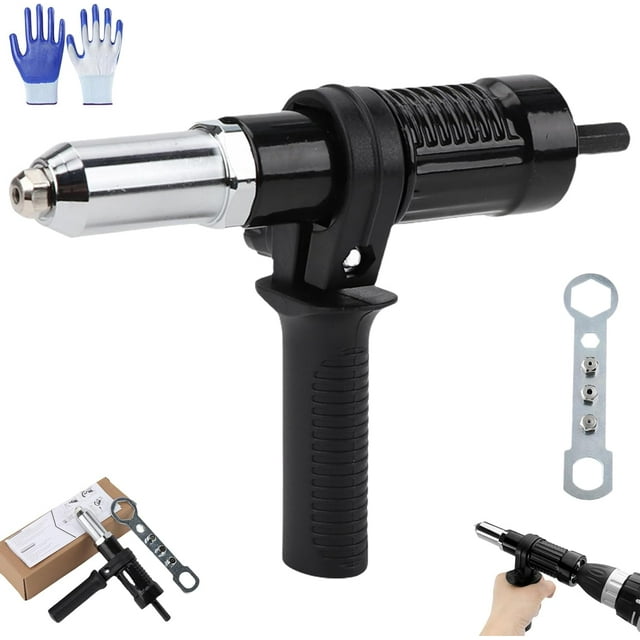 Professional Electric Rivet Gun Adapter Kit, Rivet Gun Adapter with Removable Plastic Handle, 4 Rivet Heads 2.4mm 3.2mm 4.0mm 4.8mm, Cordless Riveting Drill Tool Accessories (1 Set)