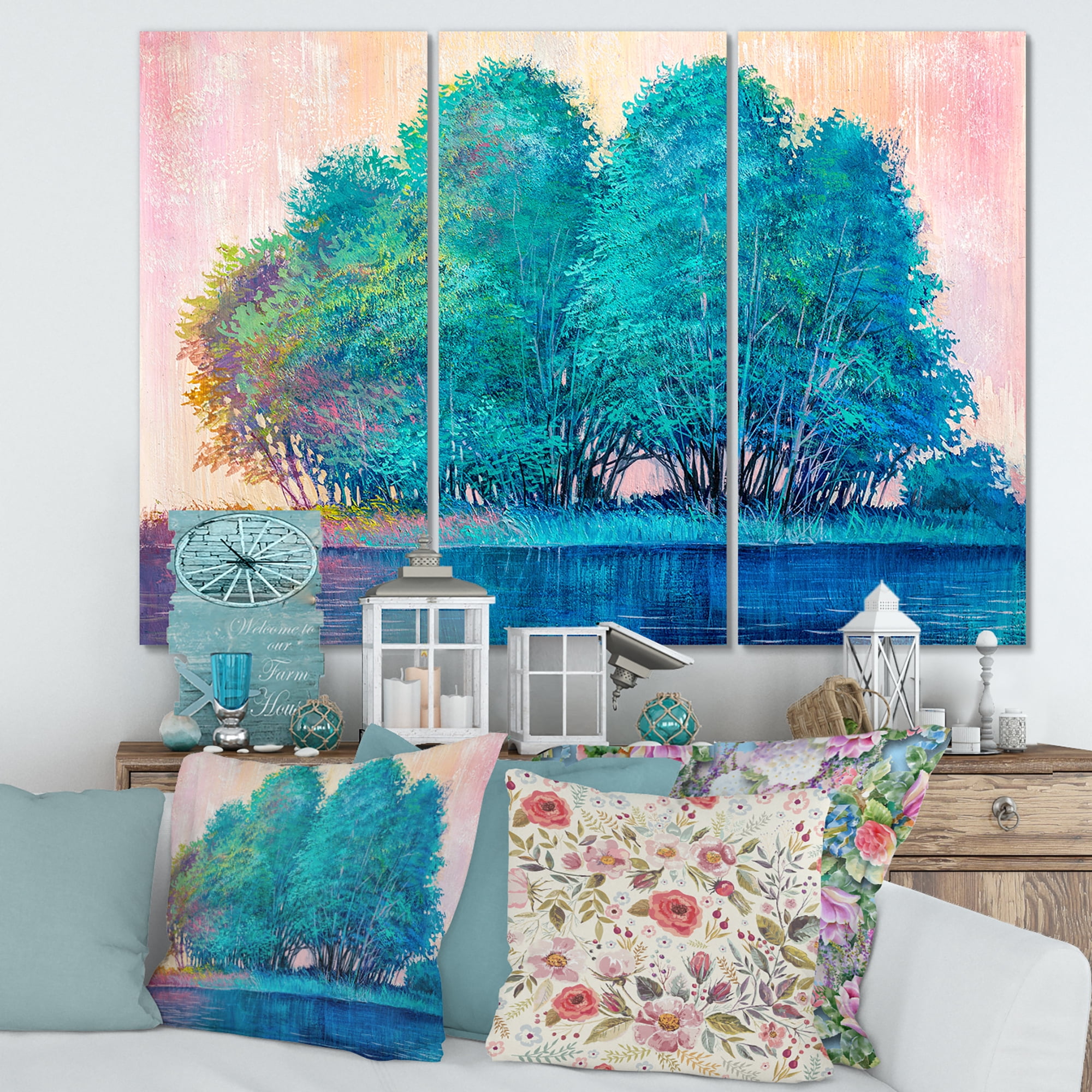 Designart ' Blue Coloured Tree Impression By Lakeside ' Lake House Canvas Wall Art Print
