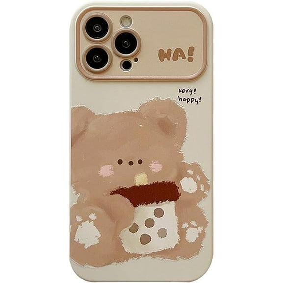 Cute Cartoon Bear Milky Tea Large Window Camera Lens Protector Phone Case Compatible with iPhone Case (White,iPhone 13 Pro Max)