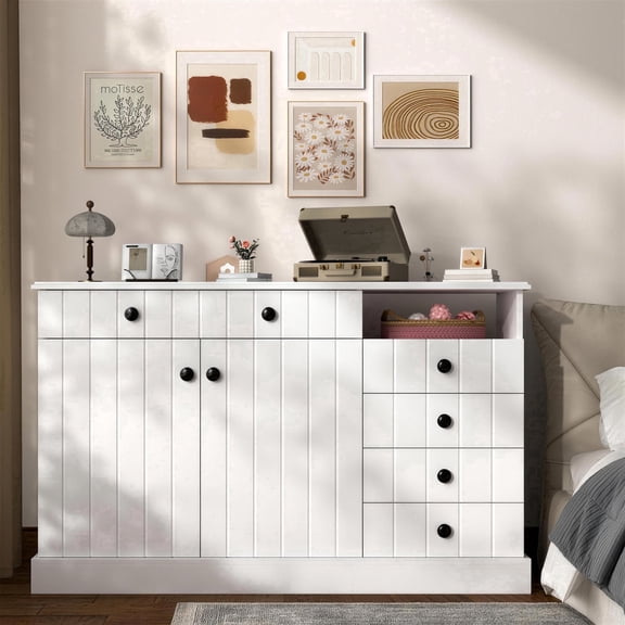 Katalora Farmhouse Storage Cabinet, White Office Organizer with 5 Drawers, 2 Doors and Open Shelf, Fluted Accent Cabinet for Home Office,Living Room,Entryway