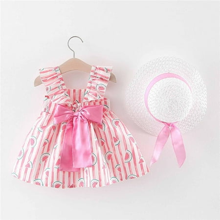 

QIPOPIQ Clearance Toddler Baby Girl Summer Bow Decoration Flower Print Suspender Dress With Hat