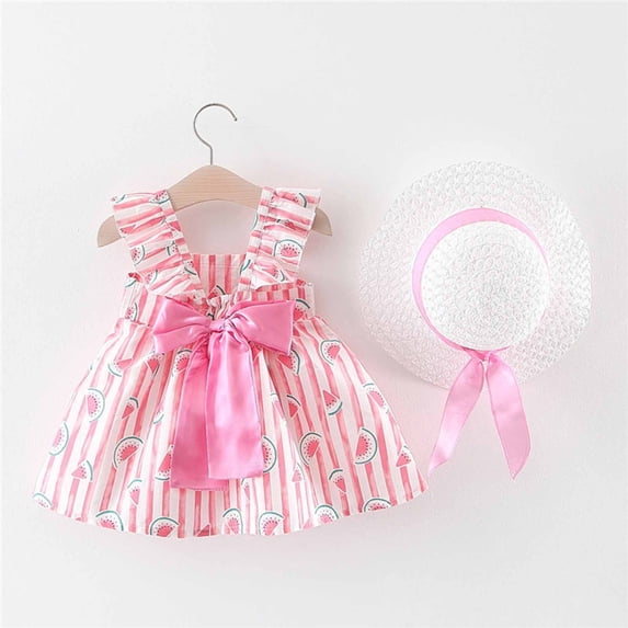 SDJMa Baby Girls Dress Infant watermelon Printed Bowknot Dresses With Hat Toddler Sleeveless Sundress