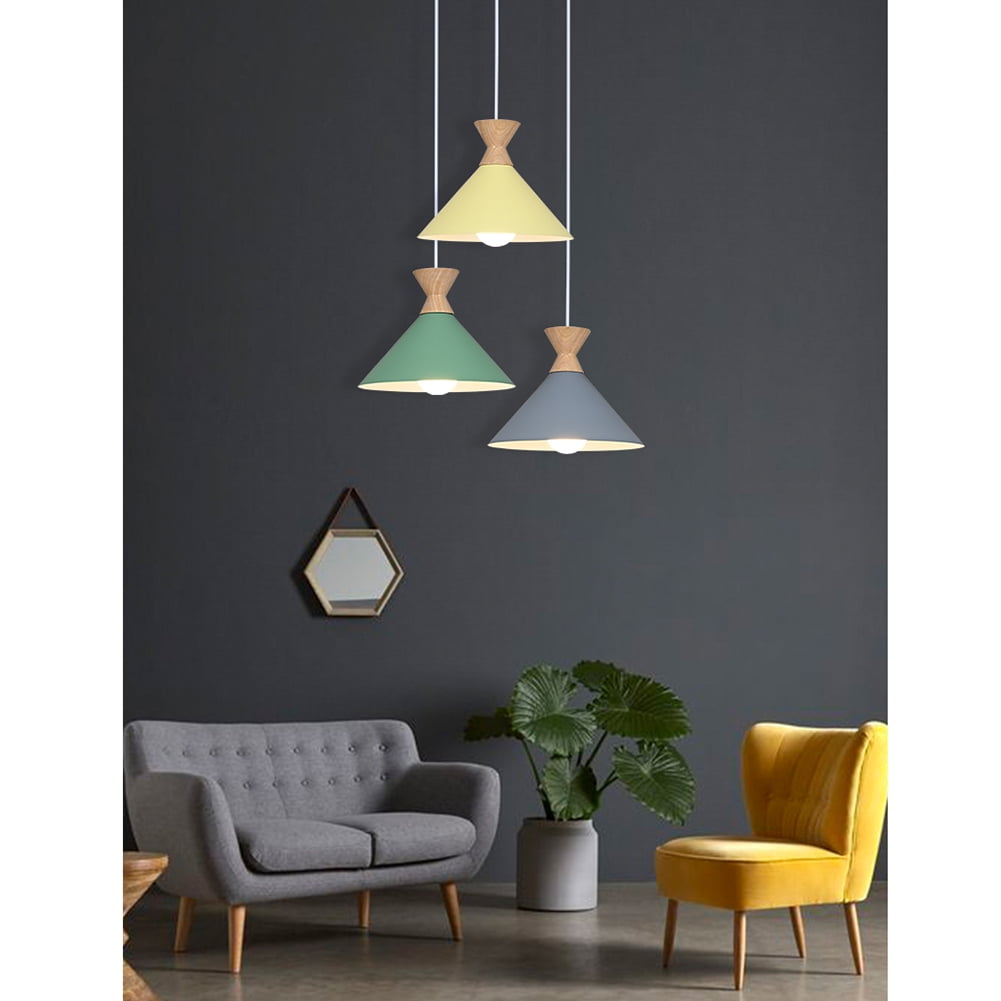 Small Colorful Wood Metal Pendant Light Fixture for Over Kitchen Sink, Single Creative Simple Pendant Lighting, Nordic Retro Hanging Lamp, Modern Farmhouse Ceiling Chandelier for Dining Table