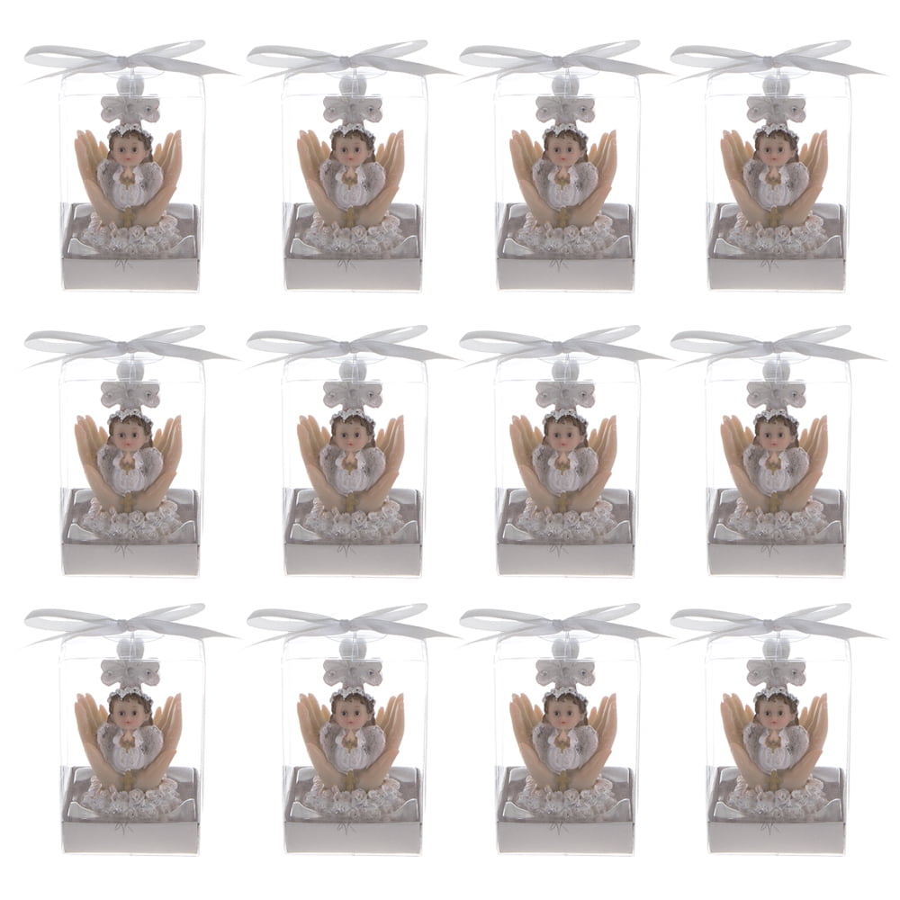 Mega Favors Keepsake Figurine 12 pcs Baby Girl White Angel Kneeling Praying On Palm With Cross | Awesome Decorations or Party Favors | for Baptism, First Communion, Religious and Special Celebrations