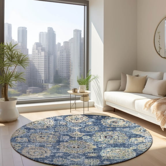 Addison Rugs Chantille Indoor/Outdoor Transitional Floral Blue Washable Round Rug, 8' x 8'