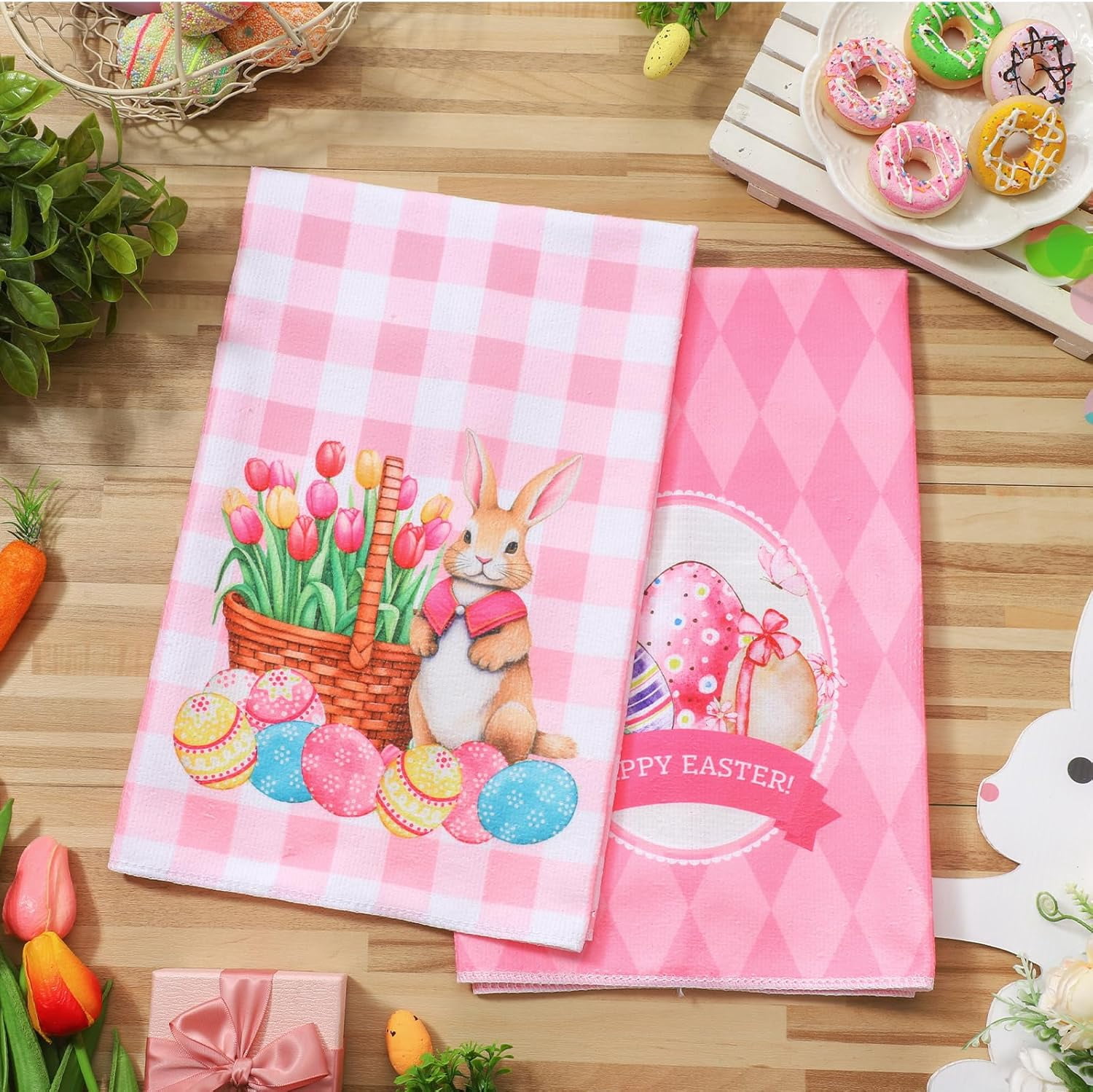 6 Pcs Easter Kitchen Towels Pink Bunny Dish Cotton Buffalo Plaid Happy Easter Hand Rabbits Spring Flowers Eggs Tea Towels for Bathroom Home Housewarming Gift