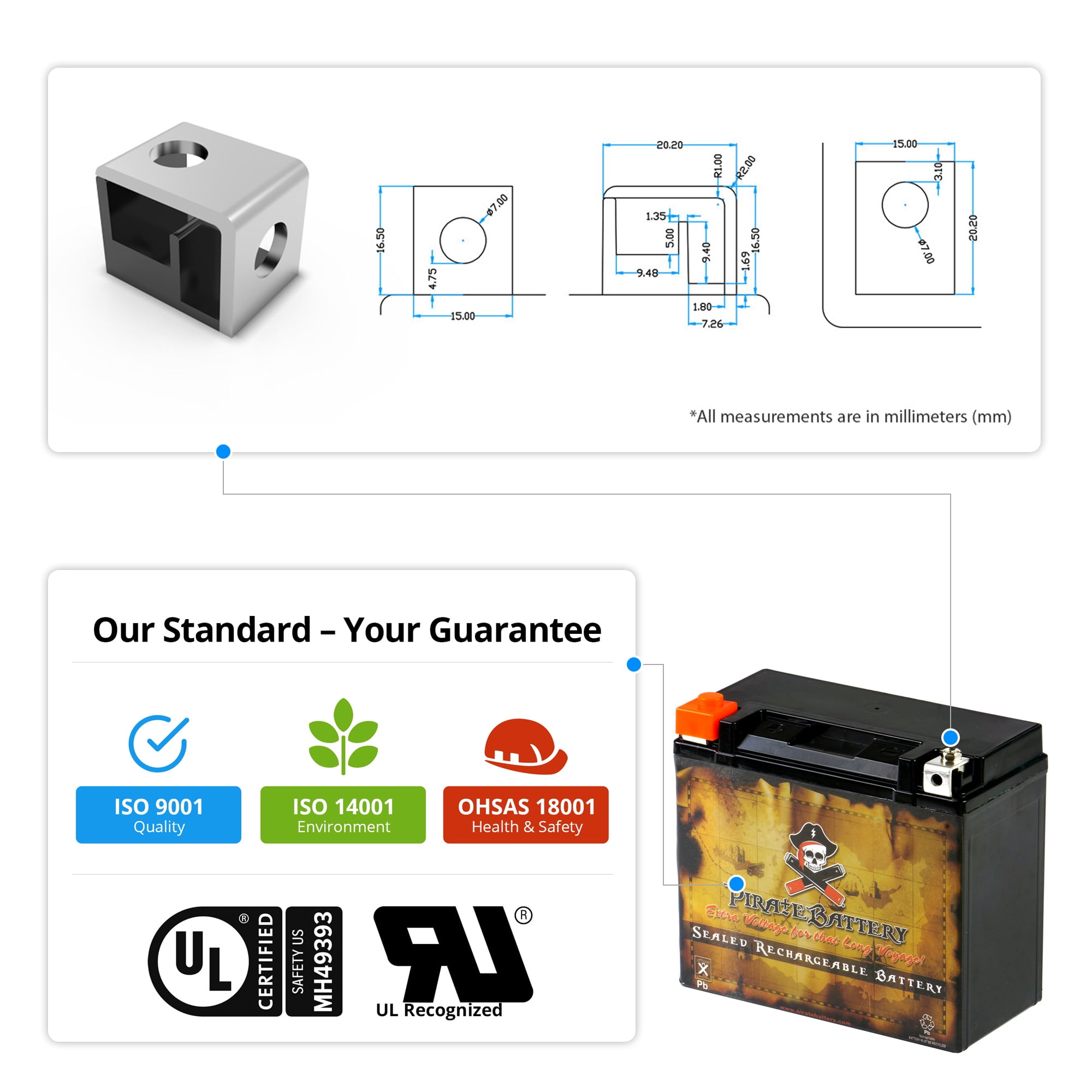 Pirate Battery YTX20-BS (20-BS 12 Volt,18 Ah, 270 CCA) High Performance - Maintenance Free - Sealed AGM Motorcycle Battery